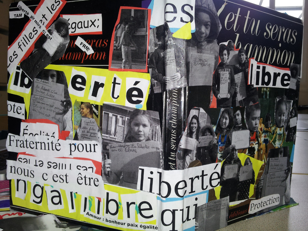 Collages ‘liberté égalité fraternité les filles libre’ sur ‘Et tu seras champion’, Roland Passevant