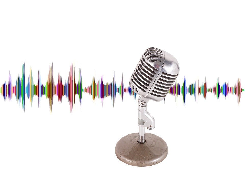 Infographie d’un microphone dynamique rétro, en fond, un diagramme de signal sonore