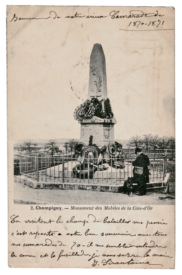 Carte postale ‘2. Champigny – Monument des Mobiles de la Côte-d’Or’ avec mentions manuscrites