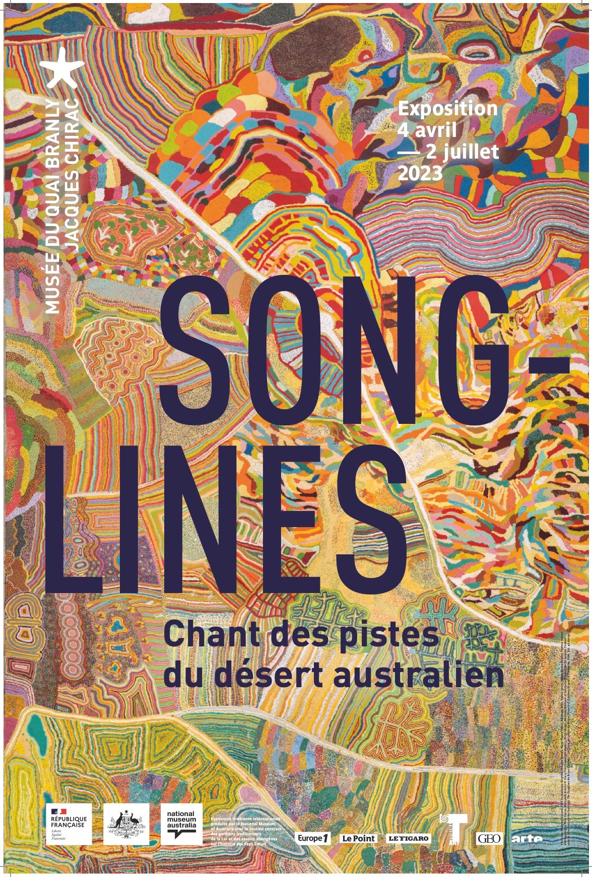 Affiche de l’exposition ‘Songlines. Chant des pistes du désert australien’