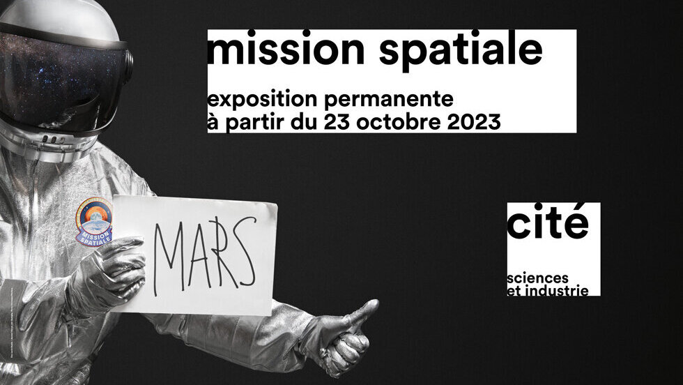Visuel de l’exposition ‘Mission spatiale’ : un astronaute fait du stop avec un carton marqué ‘MARS’