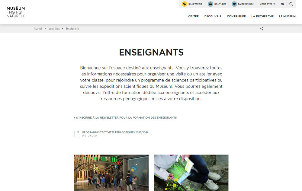 Miniature de la page d’accueil de l’espace enseignants du site du MNHN