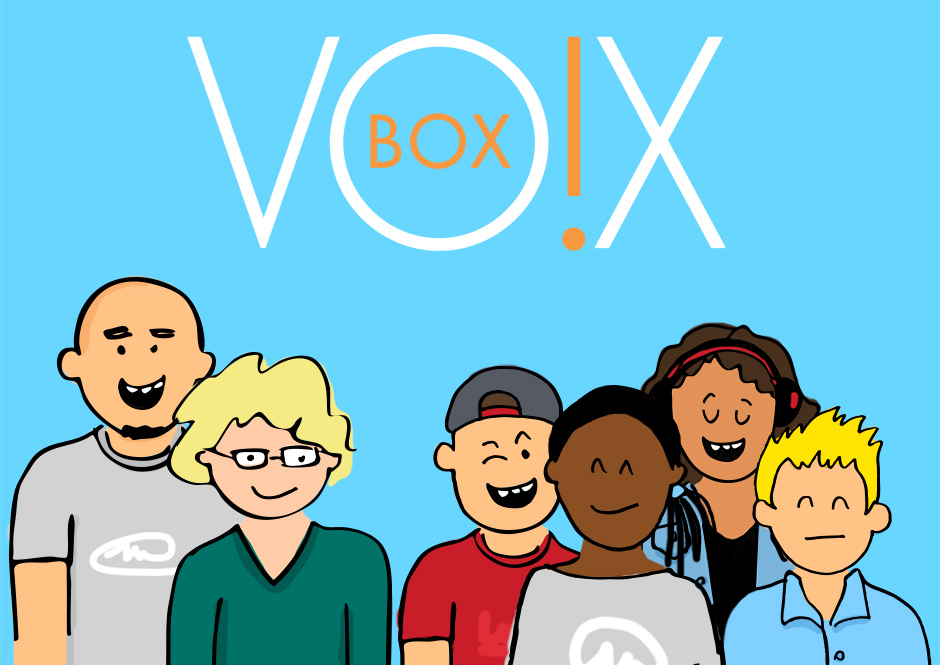 Visuel VO!X BOX : dessin naïf d'une chorale de 6 chanteurs, 4 jeunes à droite, 2 adultes à gauche