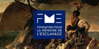 Logo de la fondation, en fond ‘Le Radeau de La Méduse’ de Géricault