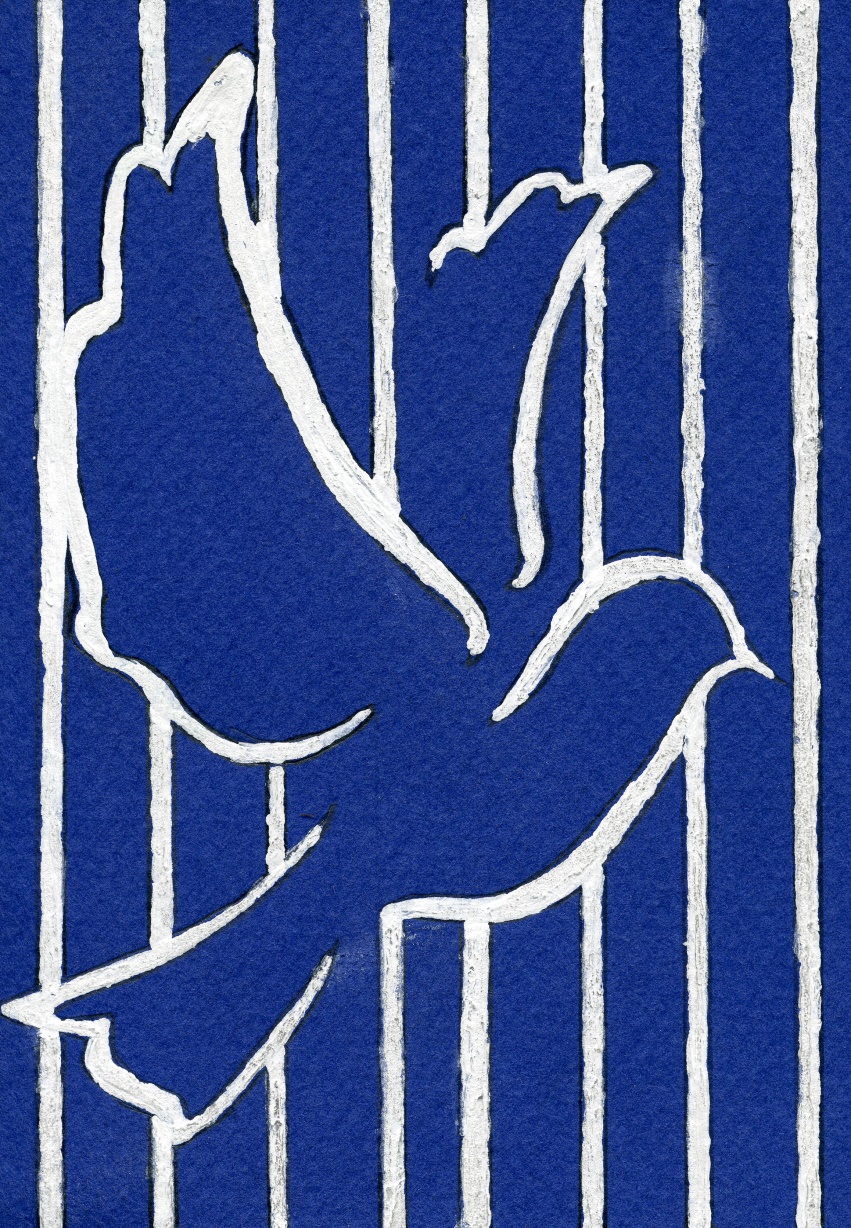 Dessin : silhouette d’une colombe devant des barreaux