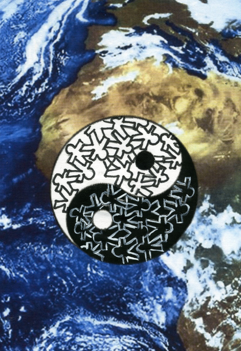 Montage : symbole Yin et Yang avec des pictogrammes humains sur une photo satellite de l’Afrique