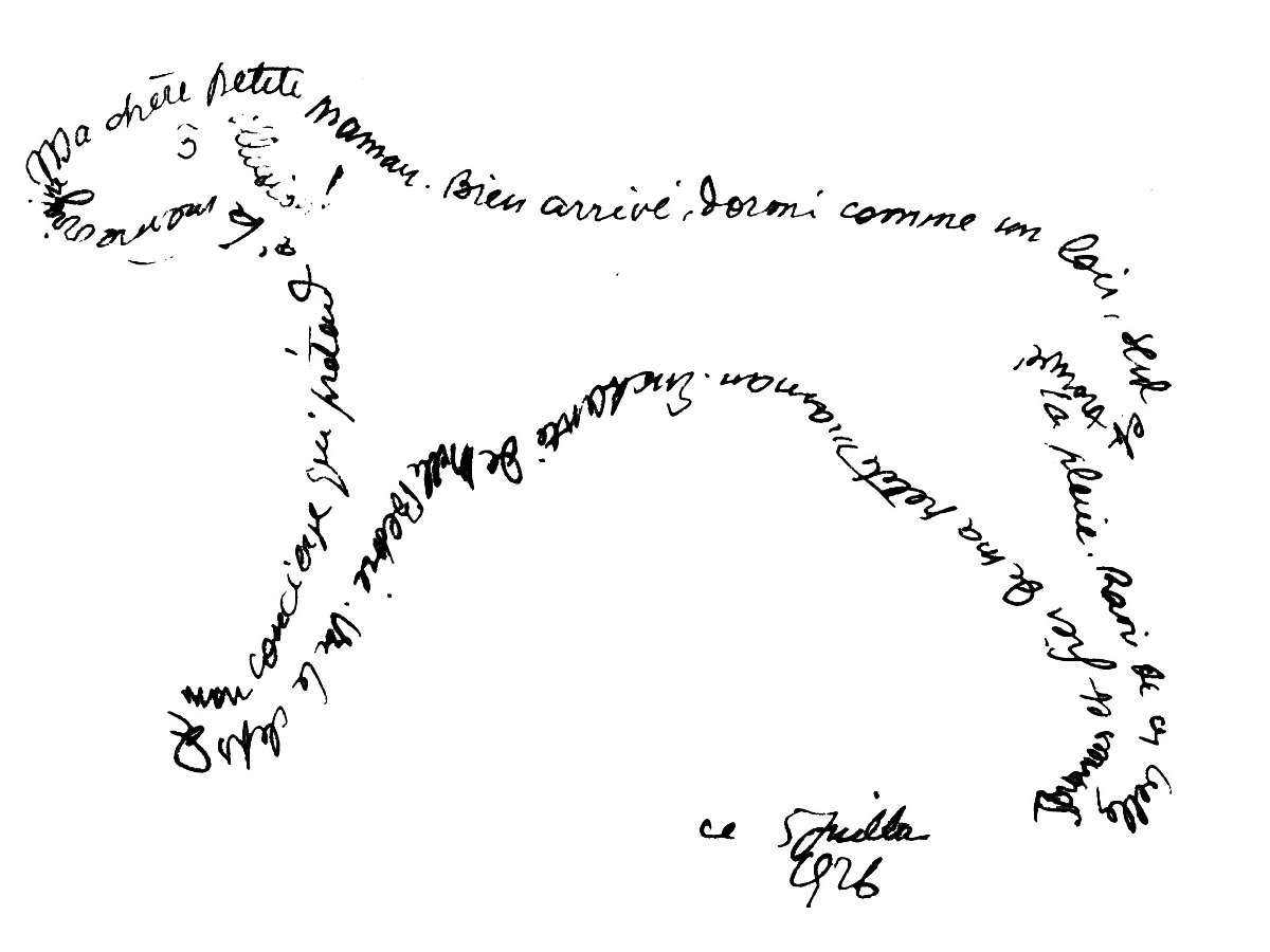 Lettre-calligramme de Le Corbusier : le contour du texte est une silhouette de mouton