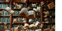 Des livres ouverts semblent voler sur un fond d’étagères, image générée par IA