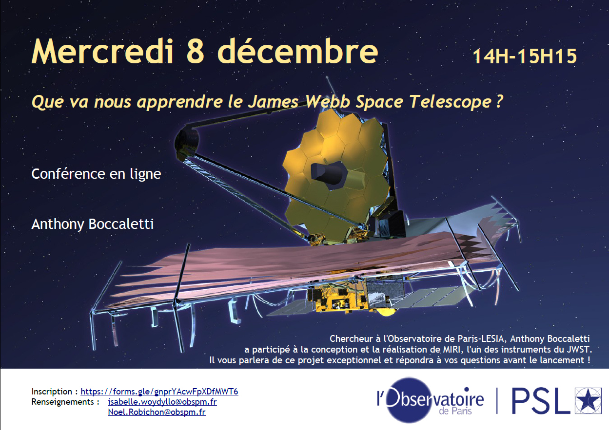 Affiche de la conférence en ligne ‘Que va nous apprendre le James Webb Space Telescope ?’