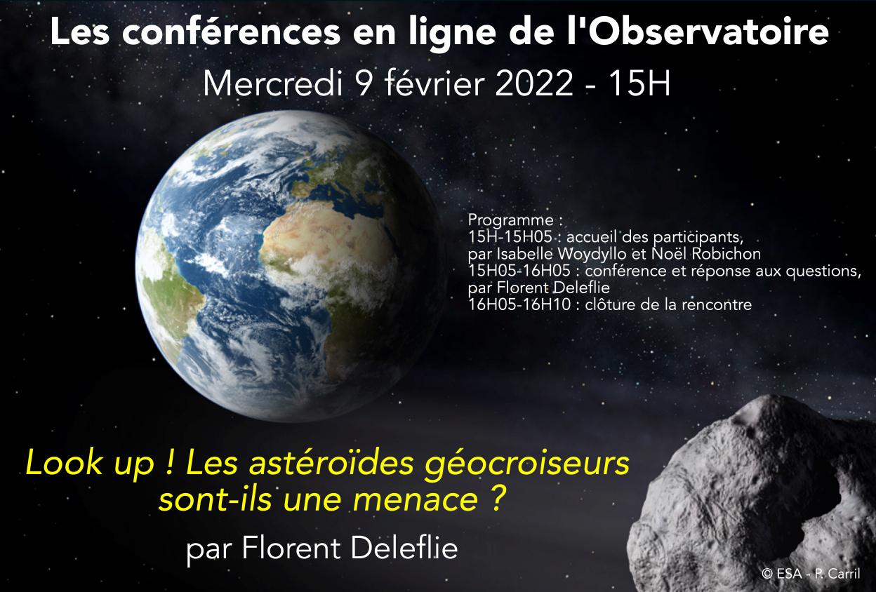 Affiche de la conférence en ligne ‘Look up ! Les astéroïdes géocroiseurs sont-ils une menace ?’