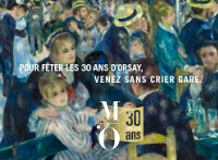 ‘Pour fêter les 30 ans d’Orsay, venez sans crier gare’, fond : le Bal du moulin de la Galette