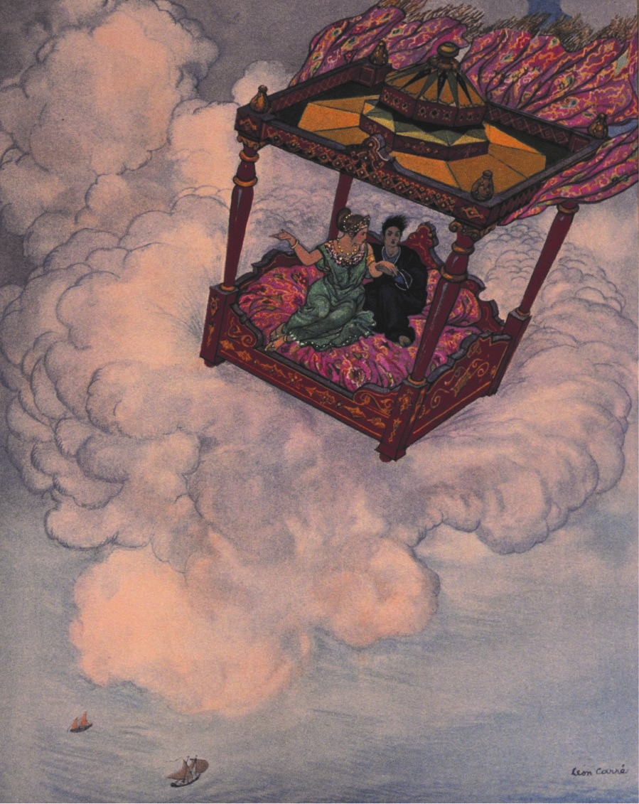 Enluminure : un lit à baldaquin sur un nuage avec 2 femmes dont une richement habillée