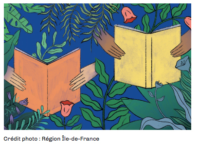Dessin naïf : 2 livres ouverts au milieu de plantes vertes. ‘Crédit photo : Région Île-de-France’