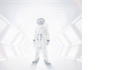 Infographie : un astronaute en scaphandre dans un couloir de station spatiale très lumineux