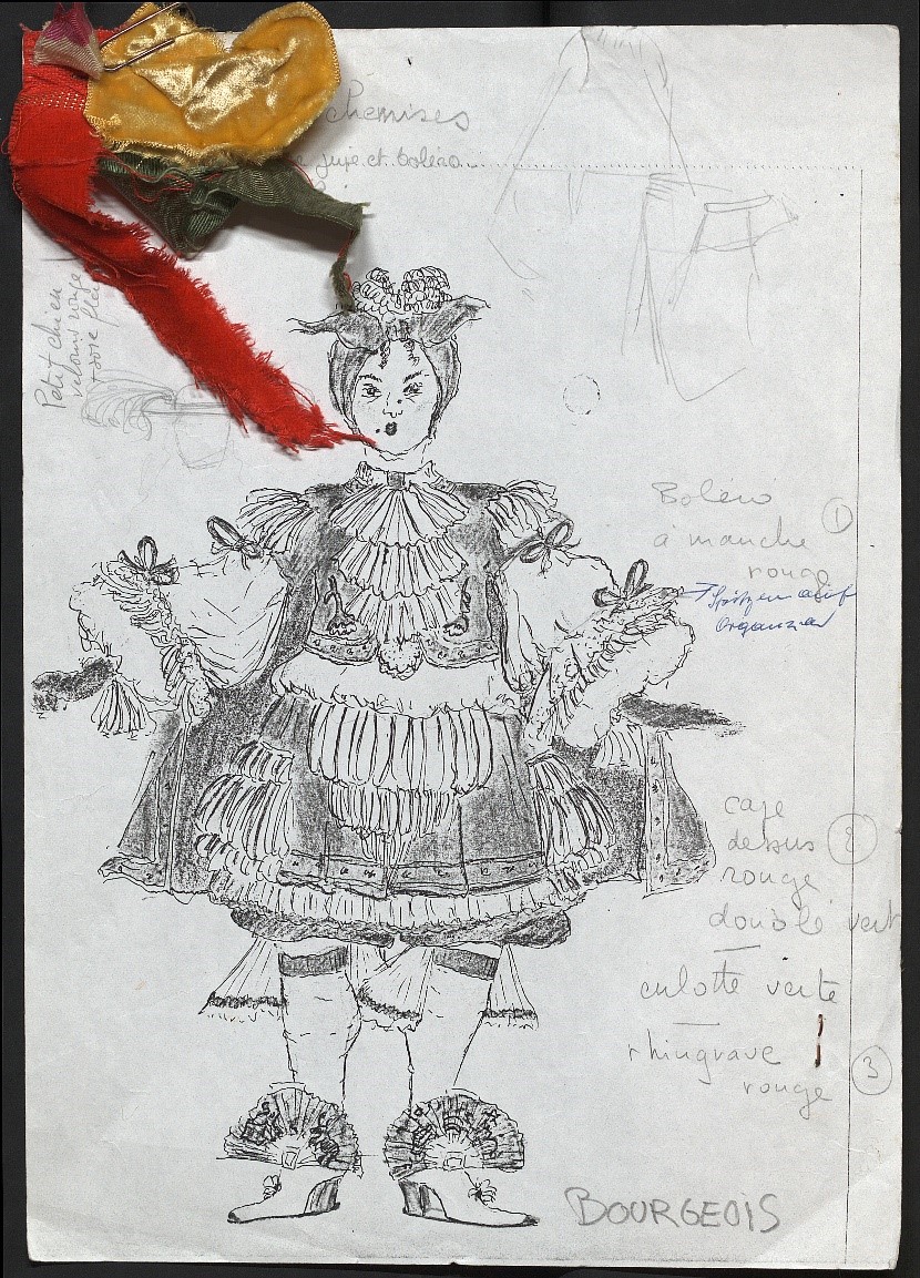 Dessin annoté avec échantillons de tissus, de costume de bourgeois d’après un modèle du XVIIᵉ siècle