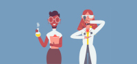 Infographie naïve d’une chimiste avec un bécher et d’une physicienne avec une maquette d’atome