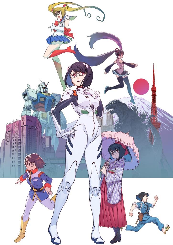 6 personnages féminins de manga, 1 Gundam, Godzilla, Tour de Tokyo, le Fujiyama et soleil levant